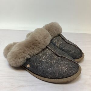 UGG SCUFFETTE II CAVIAR  DARK GREY SHEEPSKIN CUFF SLIP ON SLIPPERS SIZE 7 WOMEN
